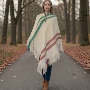Vintage 100% Pure Virgin Wool Hand Woven Poncho With Hood & Frange Unisex